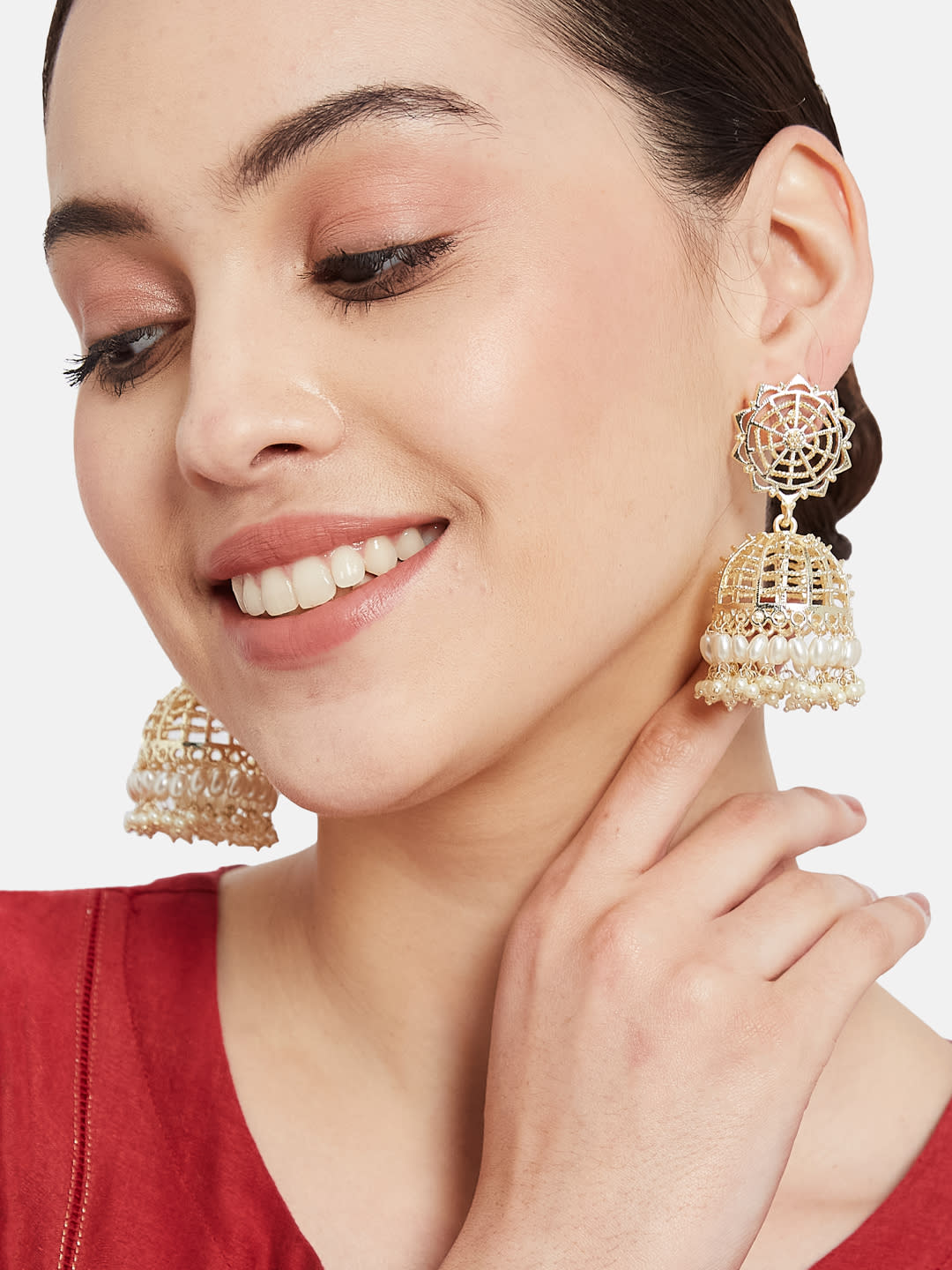 ATIBELLE Gold-Plated Pearls Beaded Dome Shaped Jhumakas