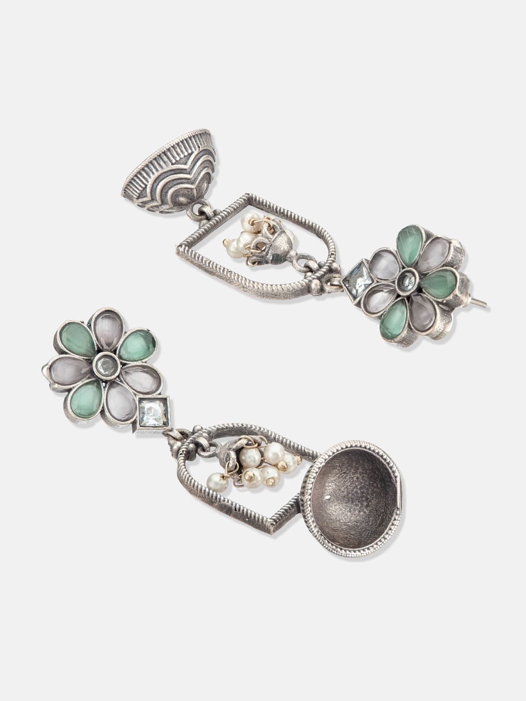 ATIBELLE Silver-Plated Dome Shaped German Silver Stone Studded & Beaded Oxidised Jhumkas