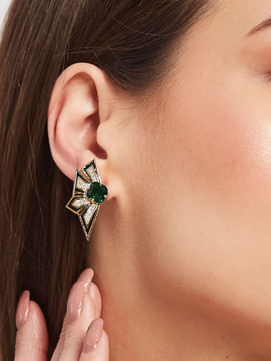 ATIBELLE Gold Plated & Green-White Cubic Zirconia Stone Contemporary shaped studs