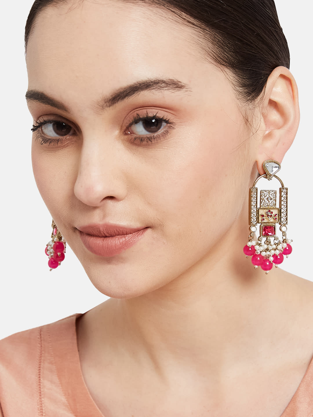 ATIBELLE Gold-Plated Kundan Studded & Beaded Floral Drop Earrings
