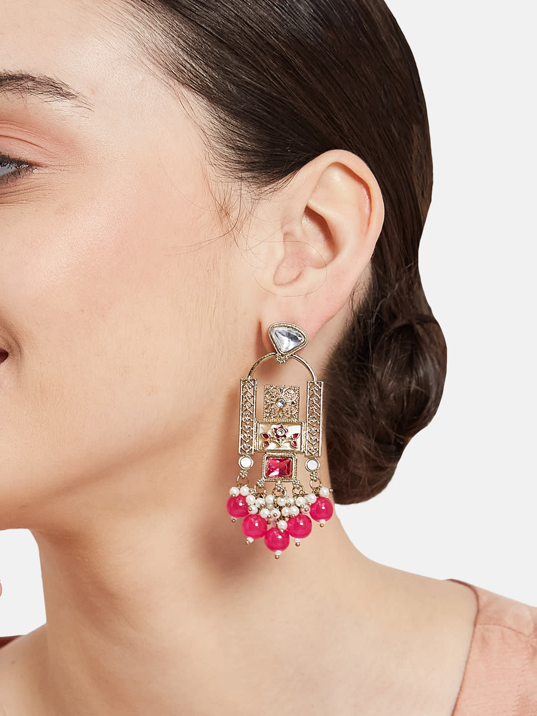 ATIBELLE Gold-Plated Kundan Studded & Beaded Floral Drop Earrings