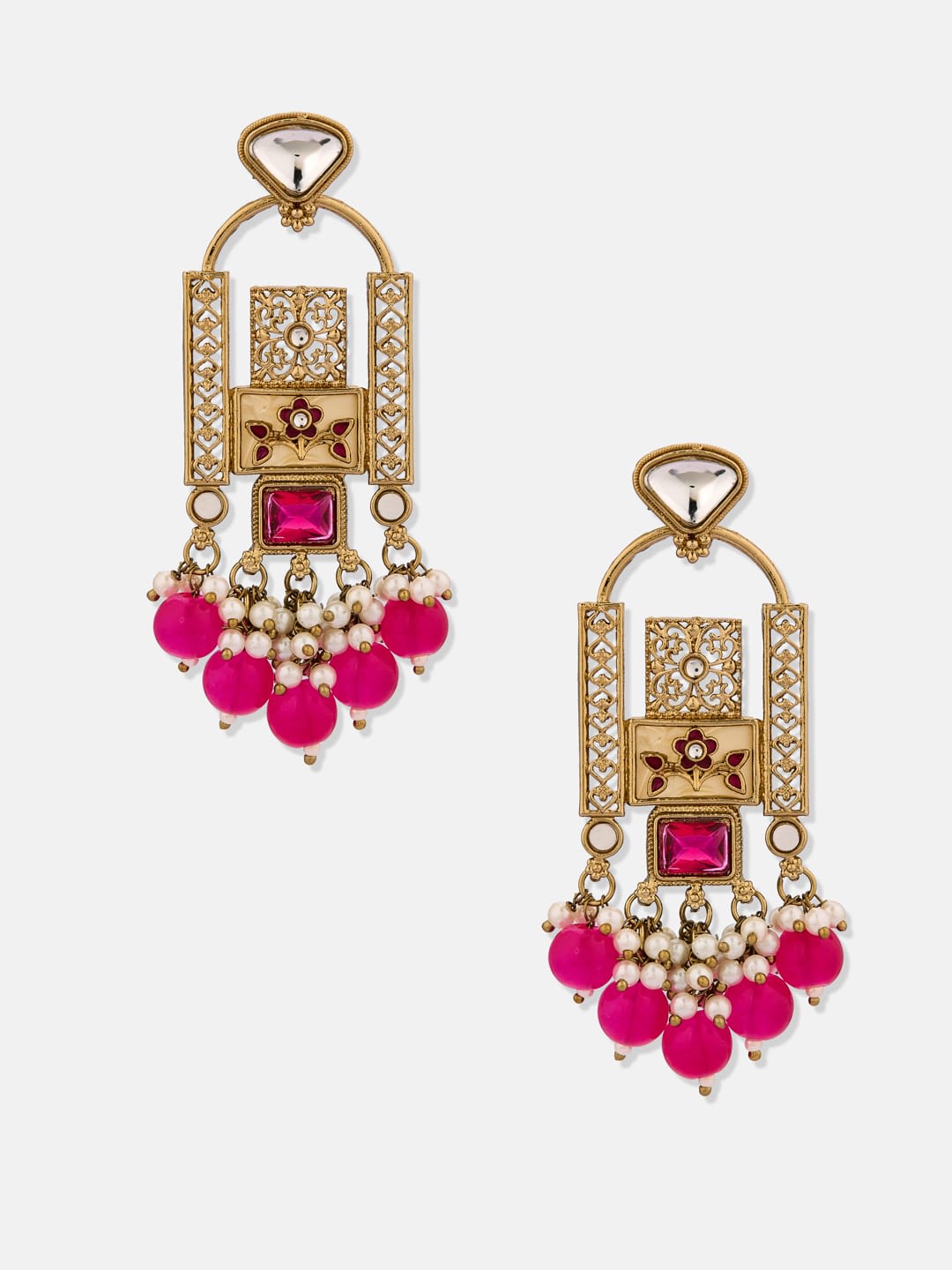 ATIBELLE Gold-Plated Kundan Studded & Beaded Floral Drop Earrings