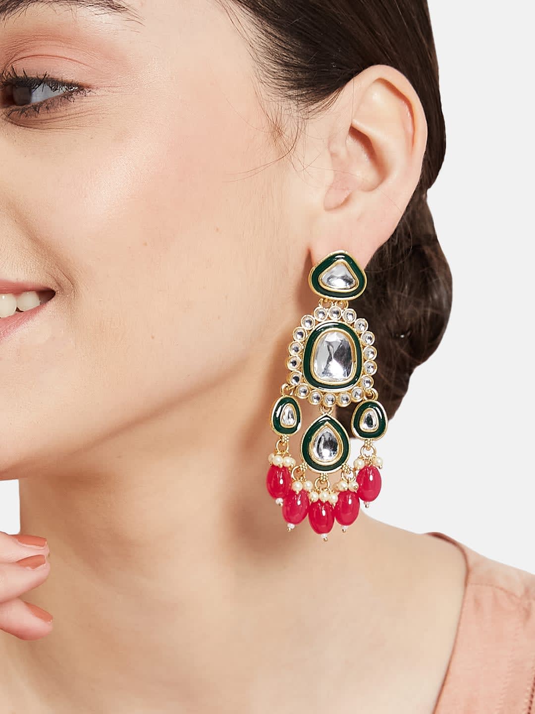 ATIBELLE Gold-Plated Kundan Studded Contemporary Shaped Drop Earrings