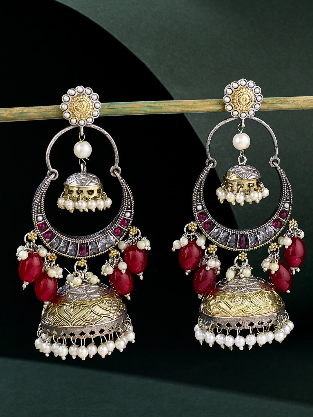 ATIBELLE German Silver-Plated Artificial Stones Studded And Beaded Dome Shaped Jhumkas