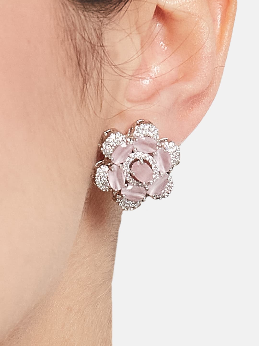 ATIBELLE Silver-Plated Cubic Zirconia Studded Floral Shaped Studs Earrings