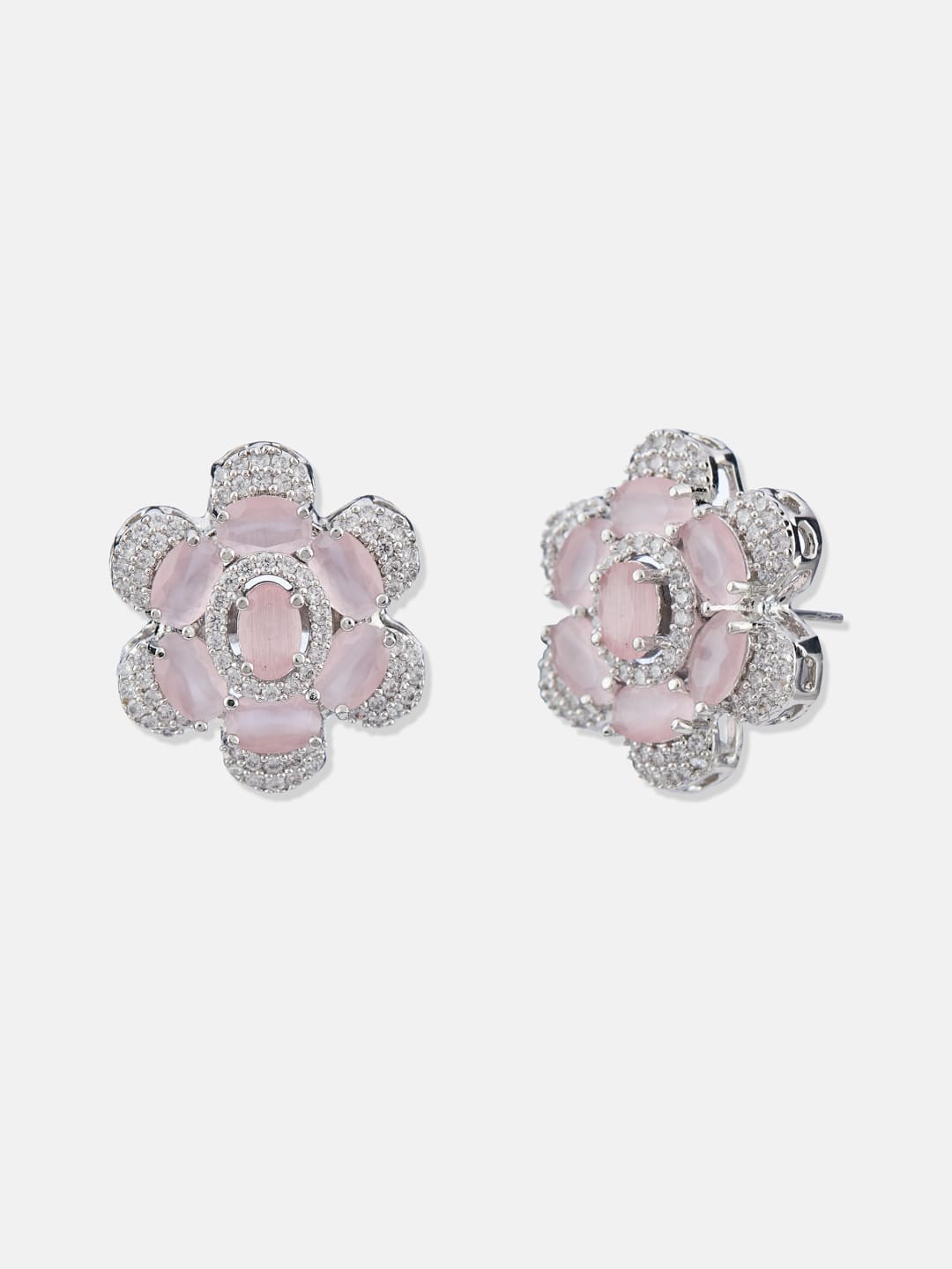 ATIBELLE Silver-Plated Cubic Zirconia Studded Floral Shaped Studs Earrings