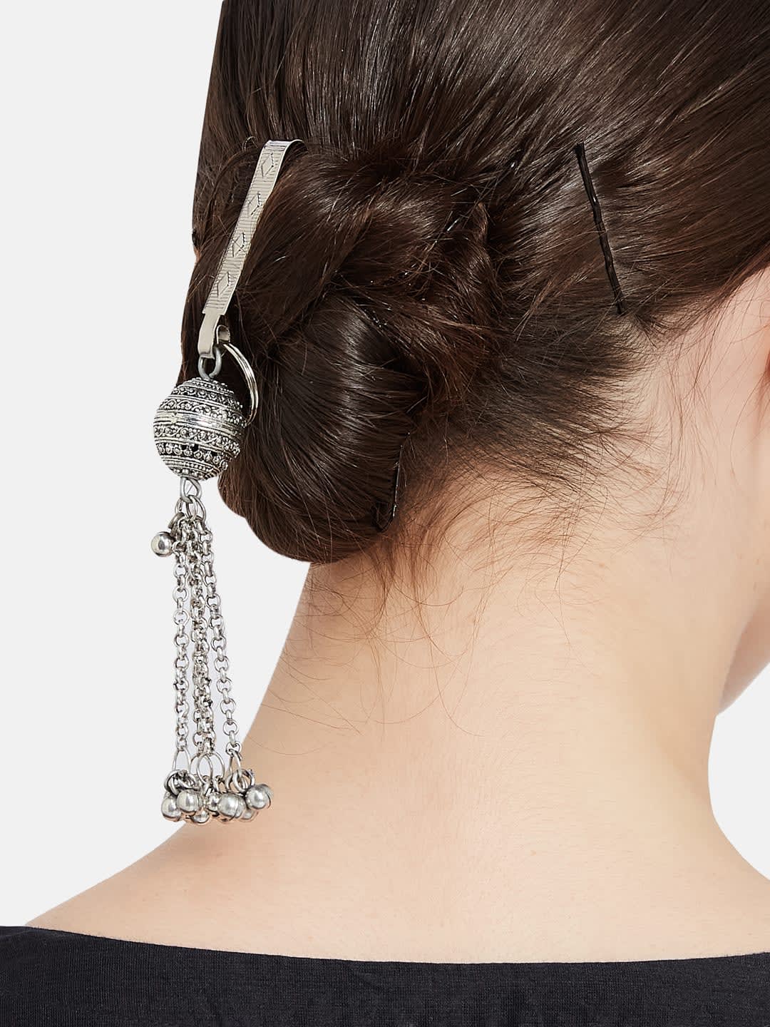 ATIBELLE German Silver Silver-Plated Artificial Stones Studded Bun Pin Head Jewellery