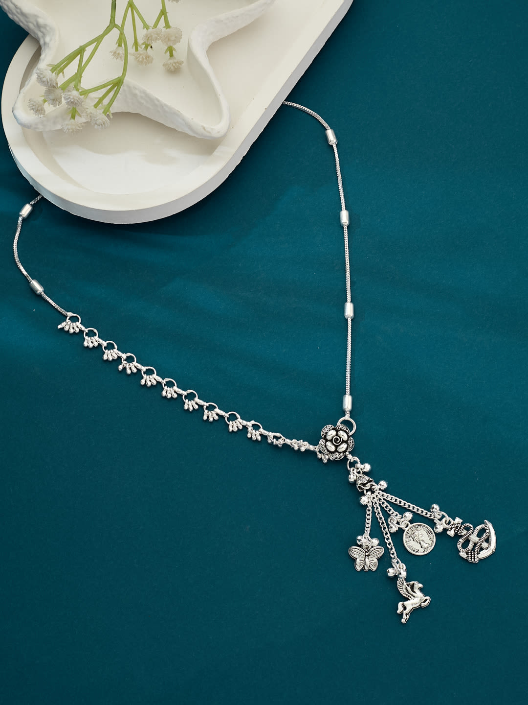 ATIBELLE Silver-Plated Artificial Stones Studded Floral Waist Chain