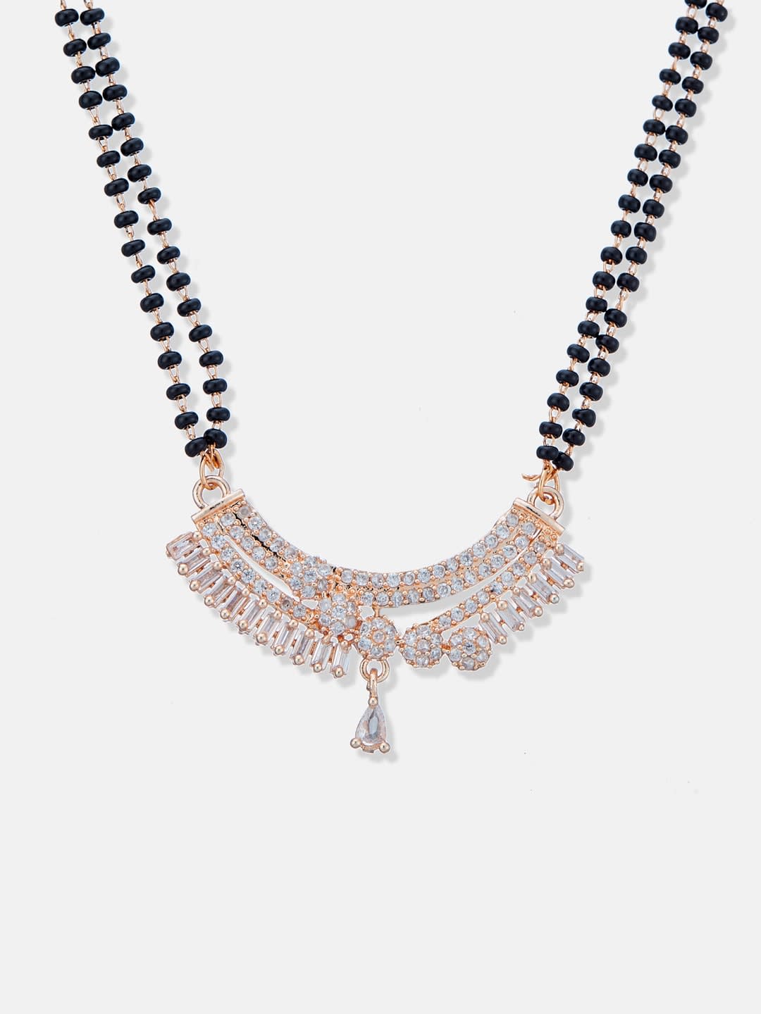ATIBELLE Rose Gold-Plated Cubic Zirconia Stone Studded & Beaded Floral Shaped Mangalsutra