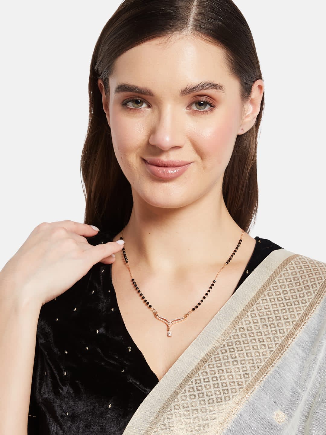 ATIBELLE Gold-Plated Cubic Zirconia Stone Studded & Beaded V-Shaped Mangalsutra