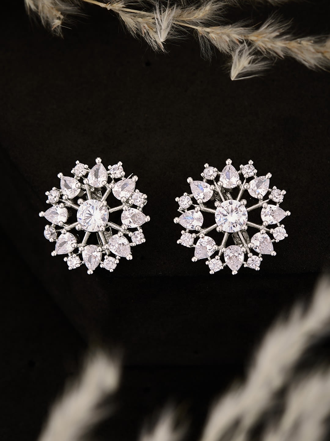 ATIBELLE Silver Plated & White Cubic Zirconia Stone Studded Floral shaped Studs Earrings