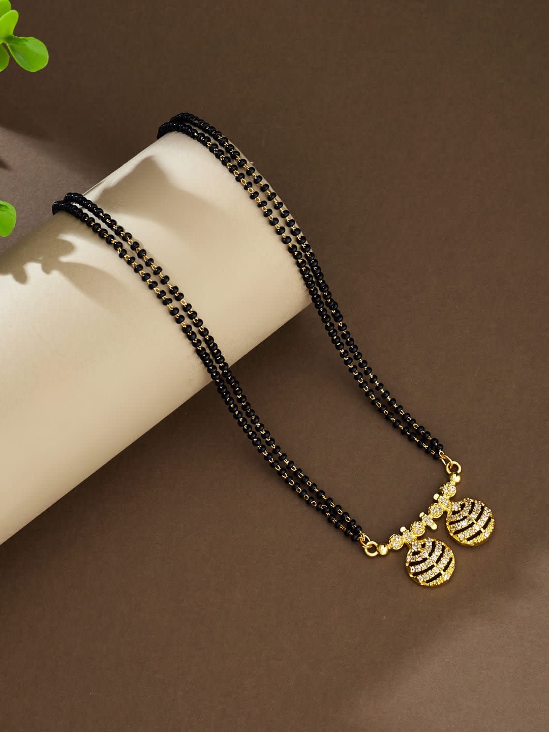 ATIBELLE Gold-Plated Artificial Stones Studded and Beaded Mangalsutra