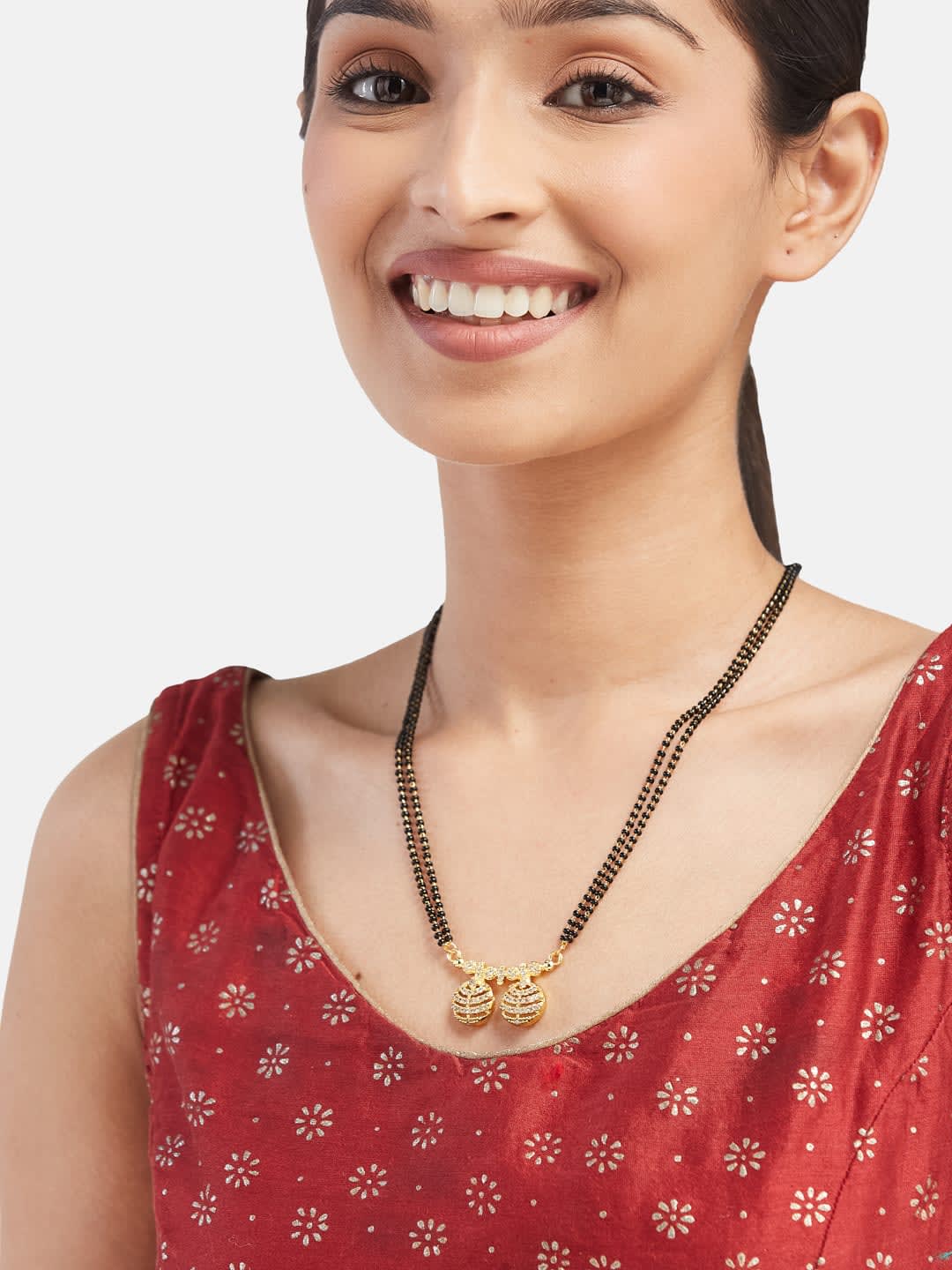 ATIBELLE Gold-Plated Artificial Stones Studded and Beaded Mangalsutra