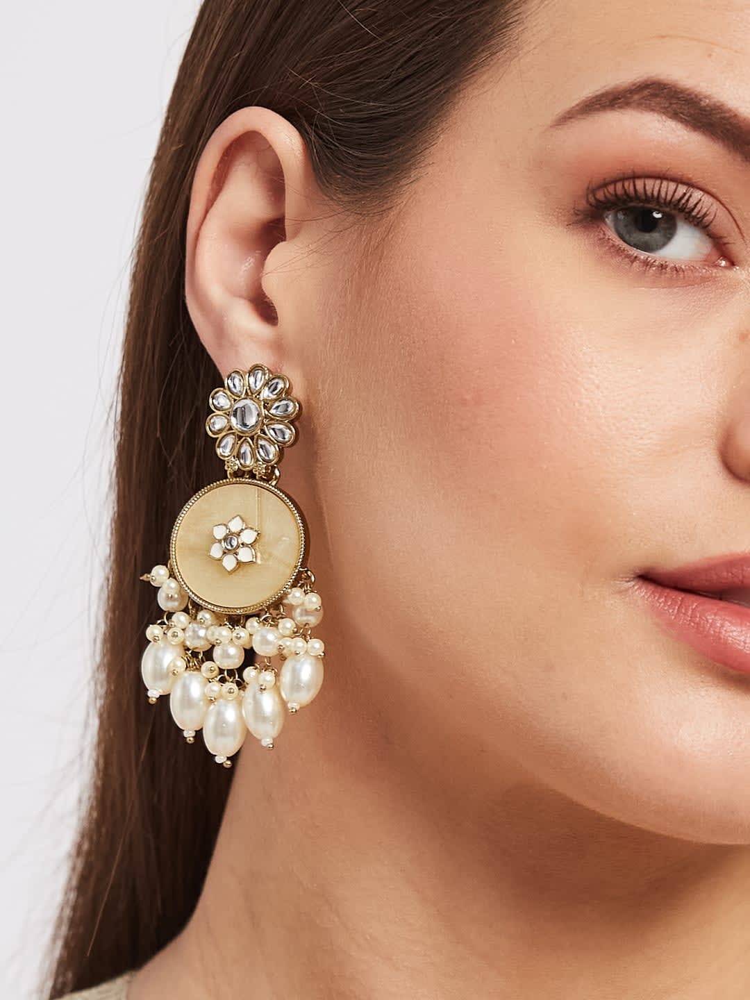 ATIBELLE Gold-Plated Artificial Stone Studded & Beaded Contemporary Shaped Drop Earrings