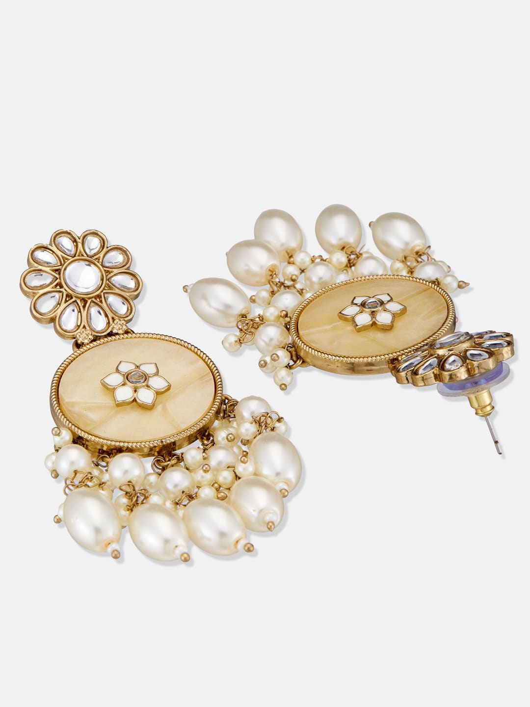 ATIBELLE Gold-Plated Artificial Stone Studded & Beaded Contemporary Shaped Drop Earrings