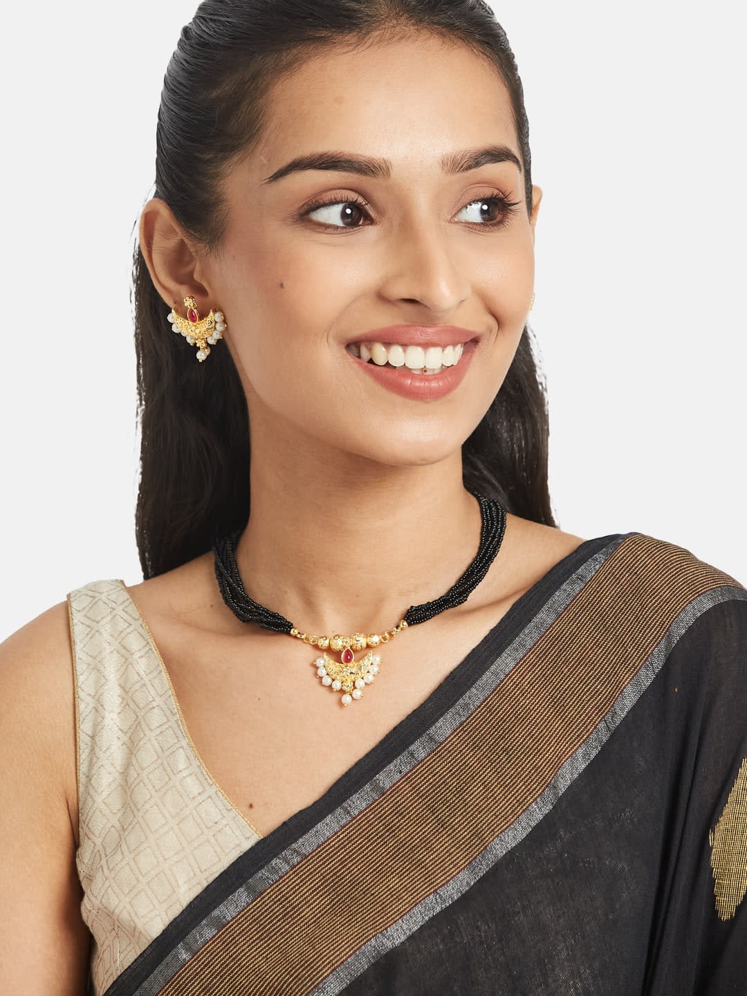 ATIBELLE Gold-Plated Artificial Stones Studded and Beaded Mangalsutra With Earrings