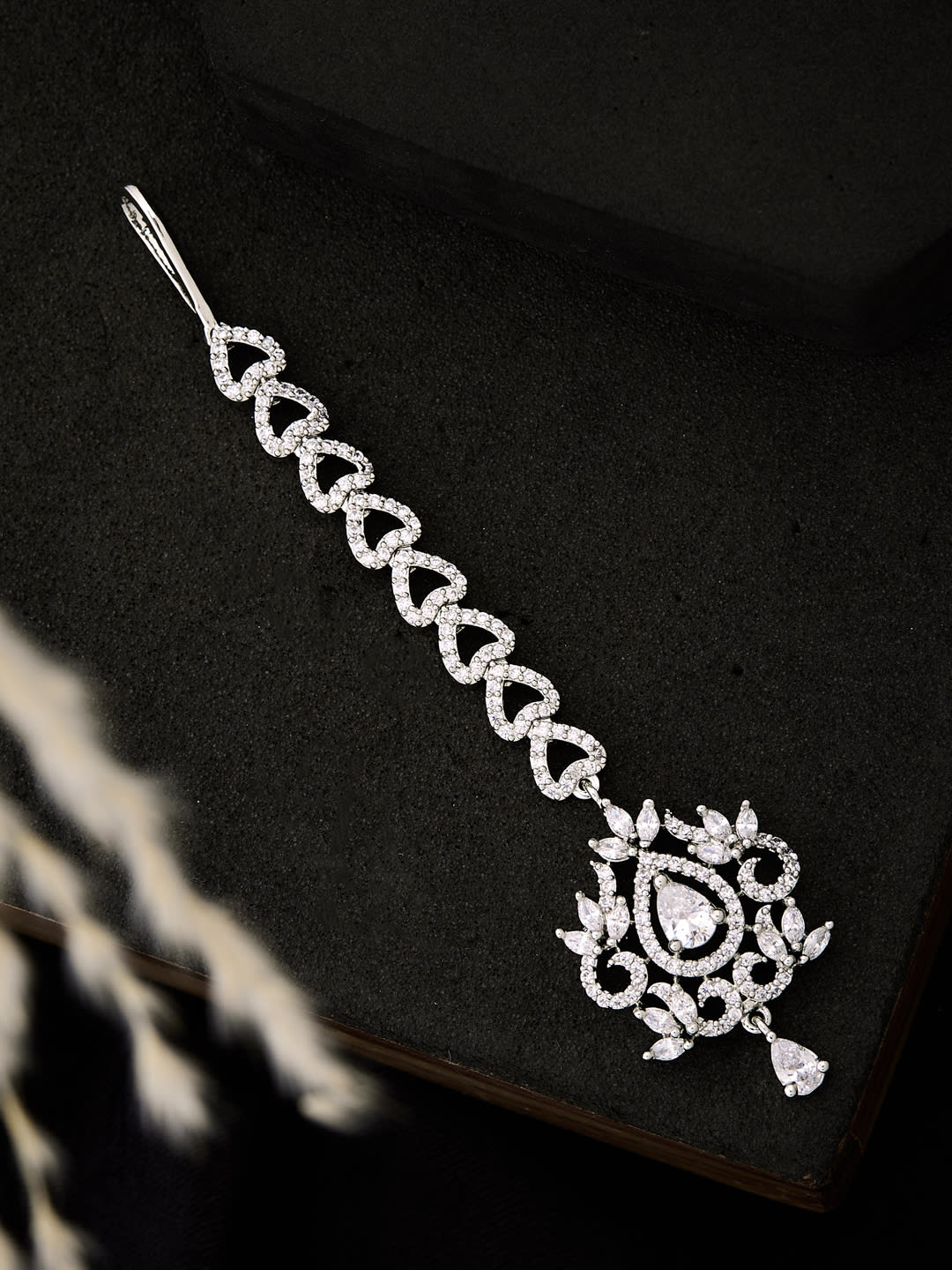 ATIBELLE Silver-Plated American Diamond Studded Maang Tikka Head Jewellery