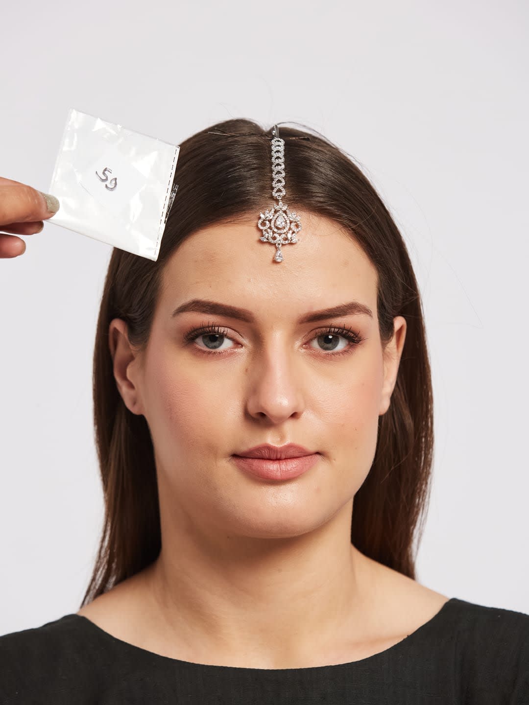 ATIBELLE Silver-Plated American Diamond Studded Maang Tikka Head Jewellery