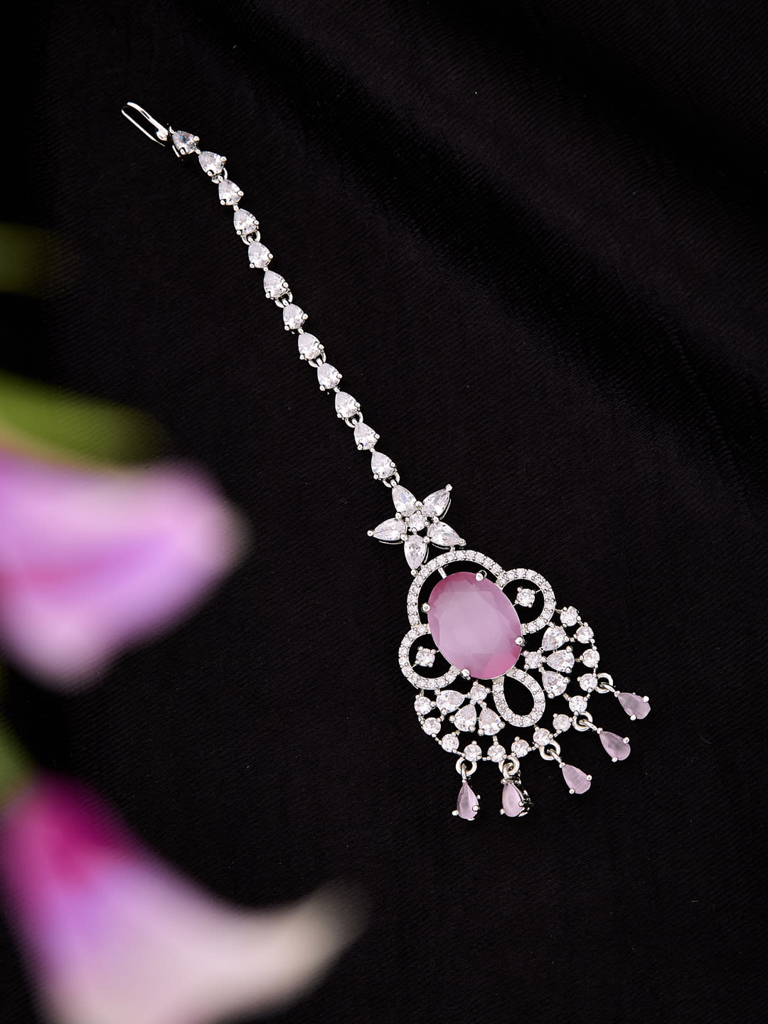 ATIBELLE Silver-Plated American Diamond Studded Maang Tikka Head Jewellery