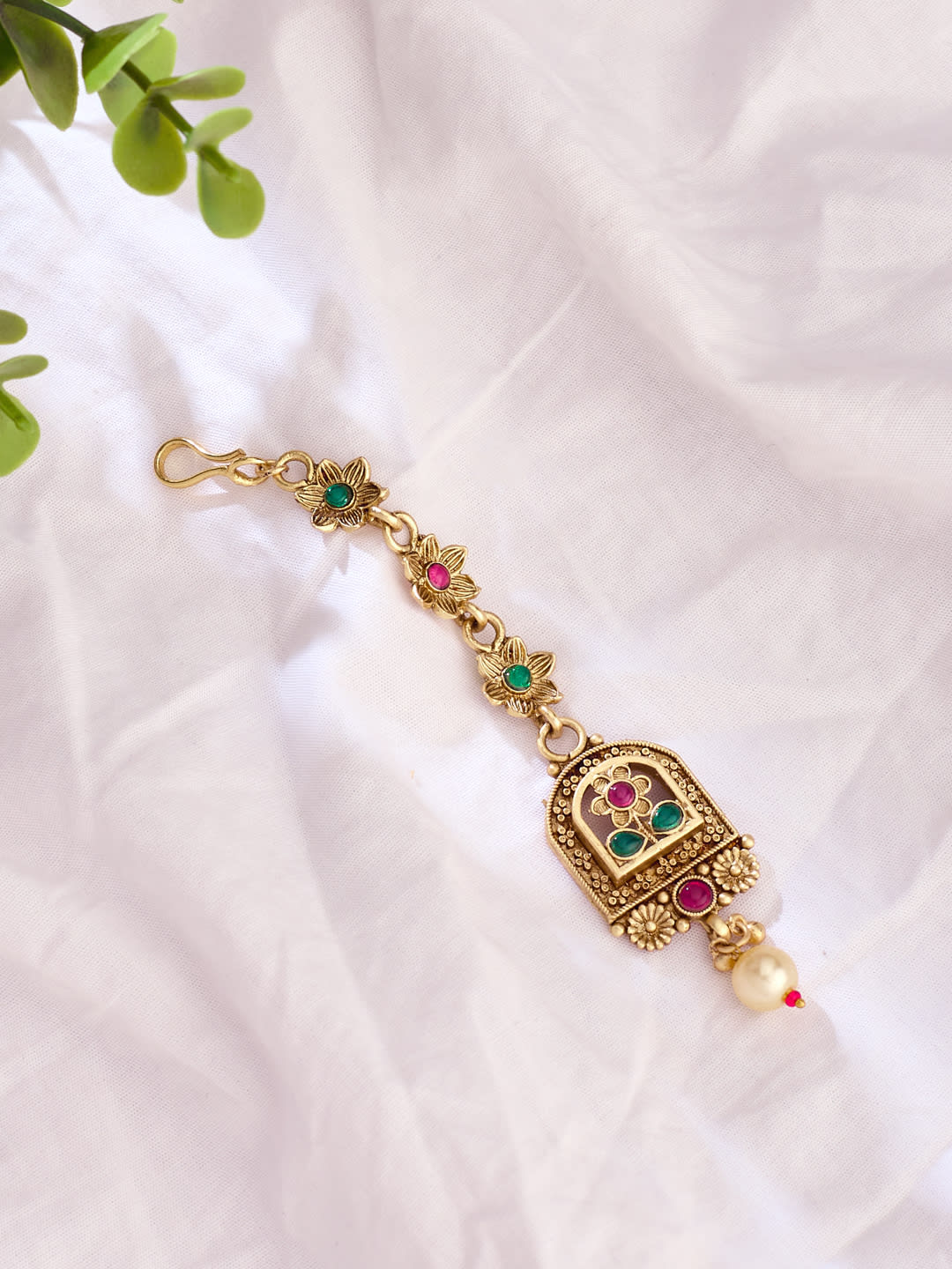 ATIBELLE Gold-Plated Artificial Stones and Beads Studded Maang Tikka Head Jewellery