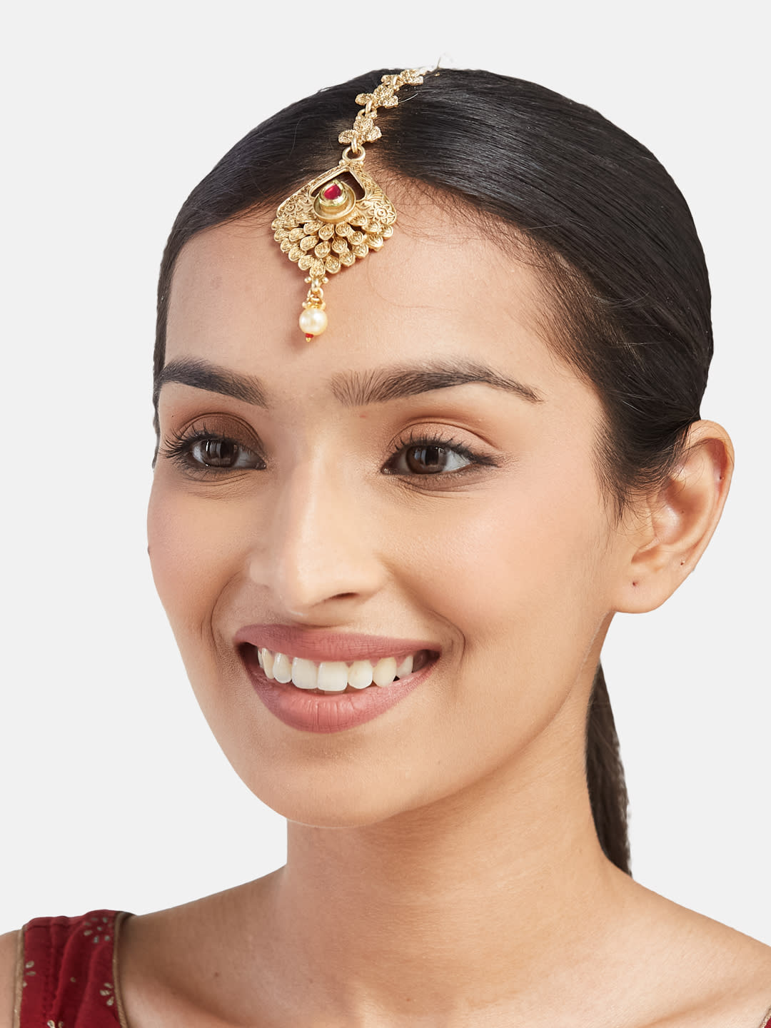 ATIBELLE Gold Plated Kundan Studded And Artificial Beaded Floral Shaped Maang Tikka