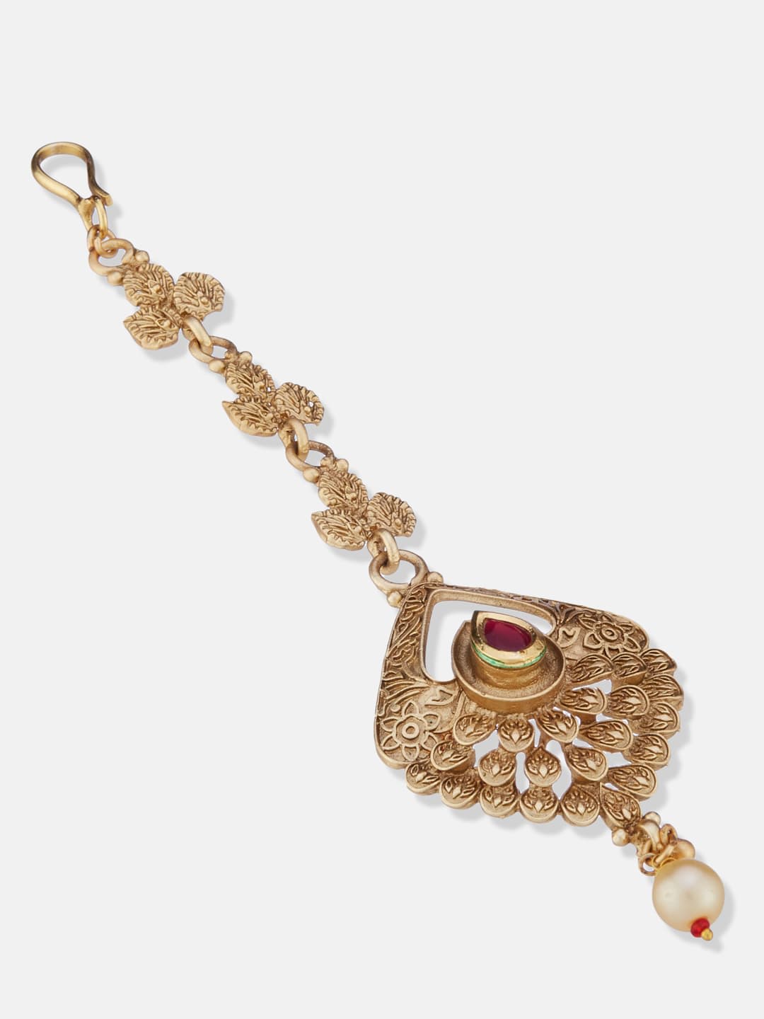 ATIBELLE Gold Plated Kundan Studded And Artificial Beaded Floral Shaped Maang Tikka