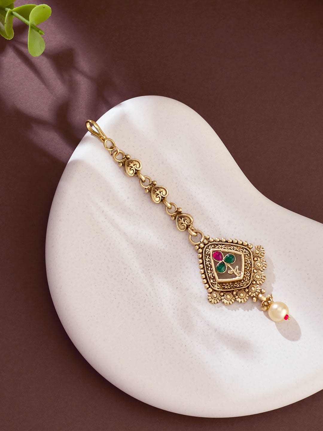 ATIBELLE Gold-Plated Artificial Stones Studded And Beaded Maang Tikka