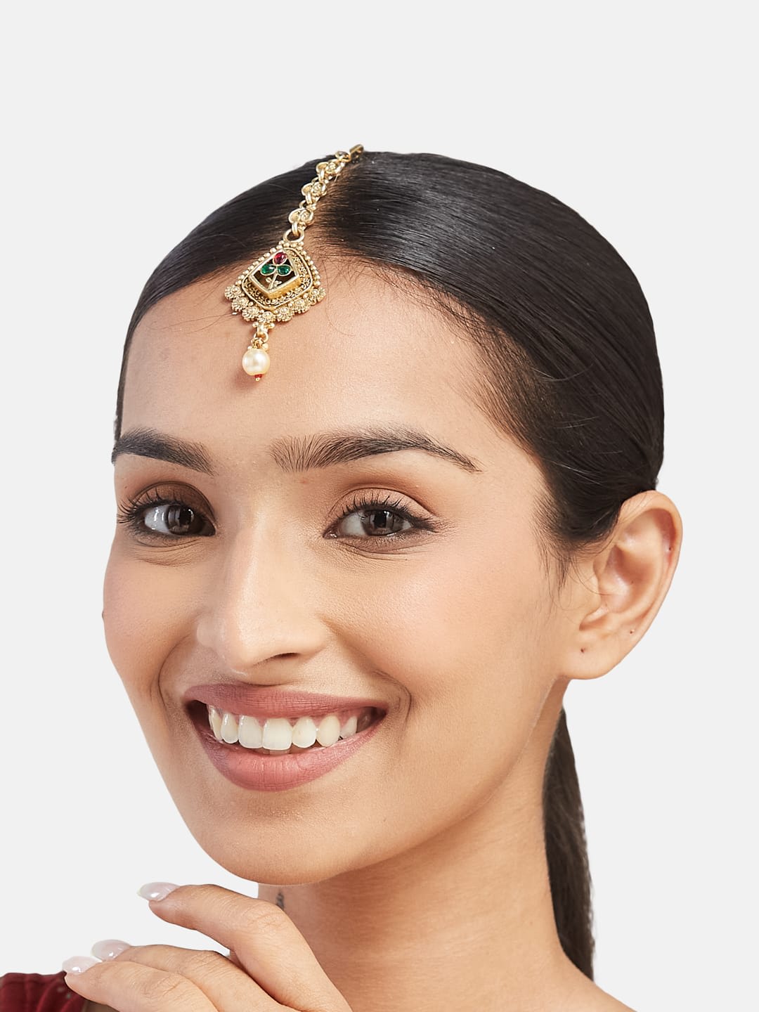 ATIBELLE Gold-Plated Artificial Stones Studded And Beaded Maang Tikka