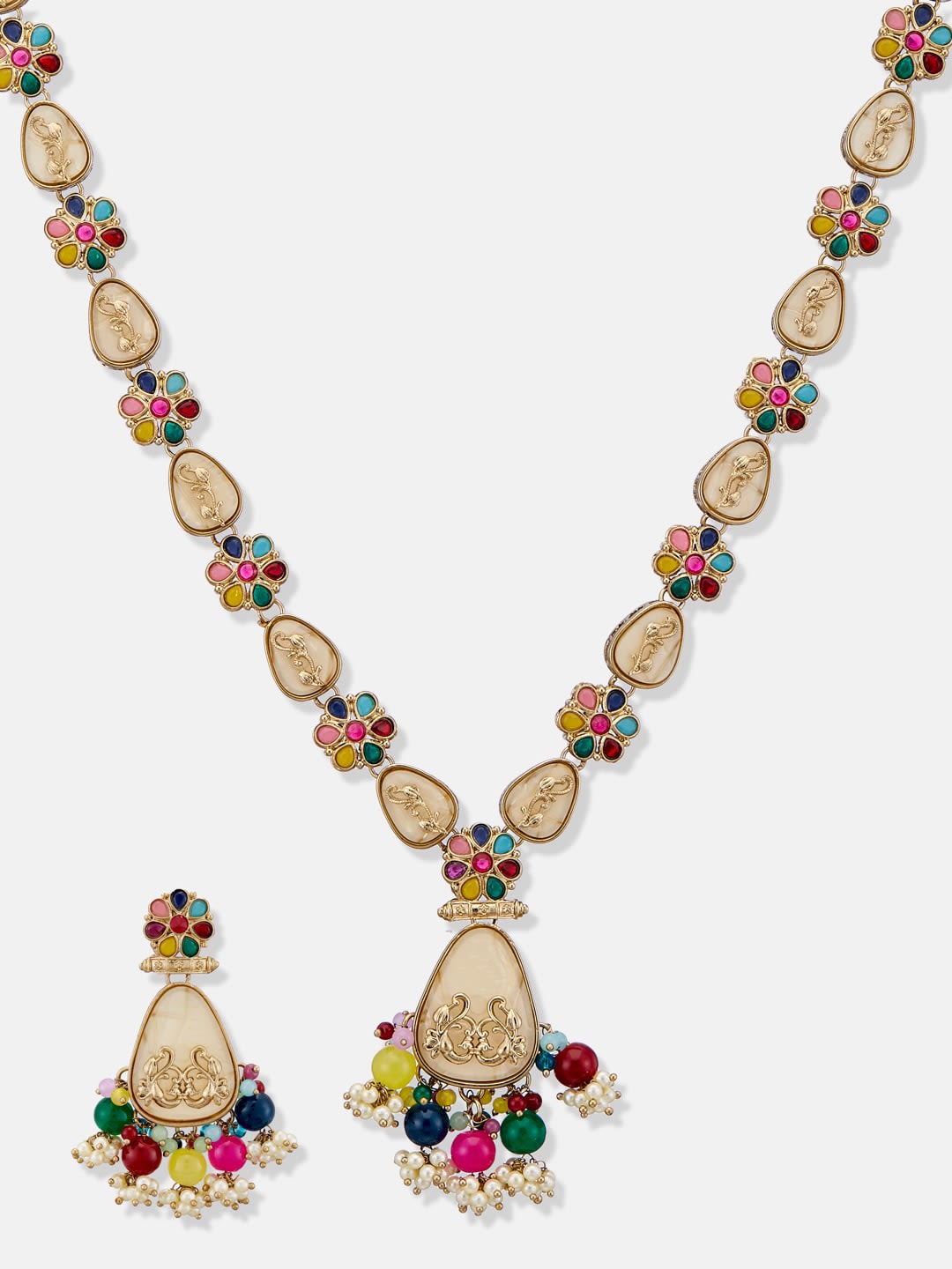 ATIBELLE Gold Plated Beaded Floral Shaped Necklace and Earrings