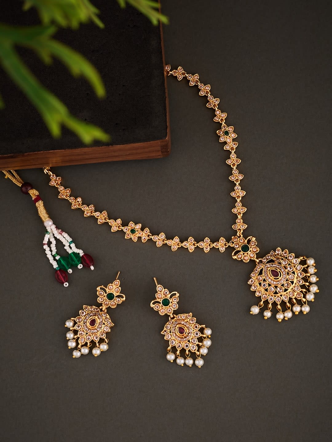 ATIBELLE Gold-Plated Stone-Studded & Beaded Necklace and Earrings