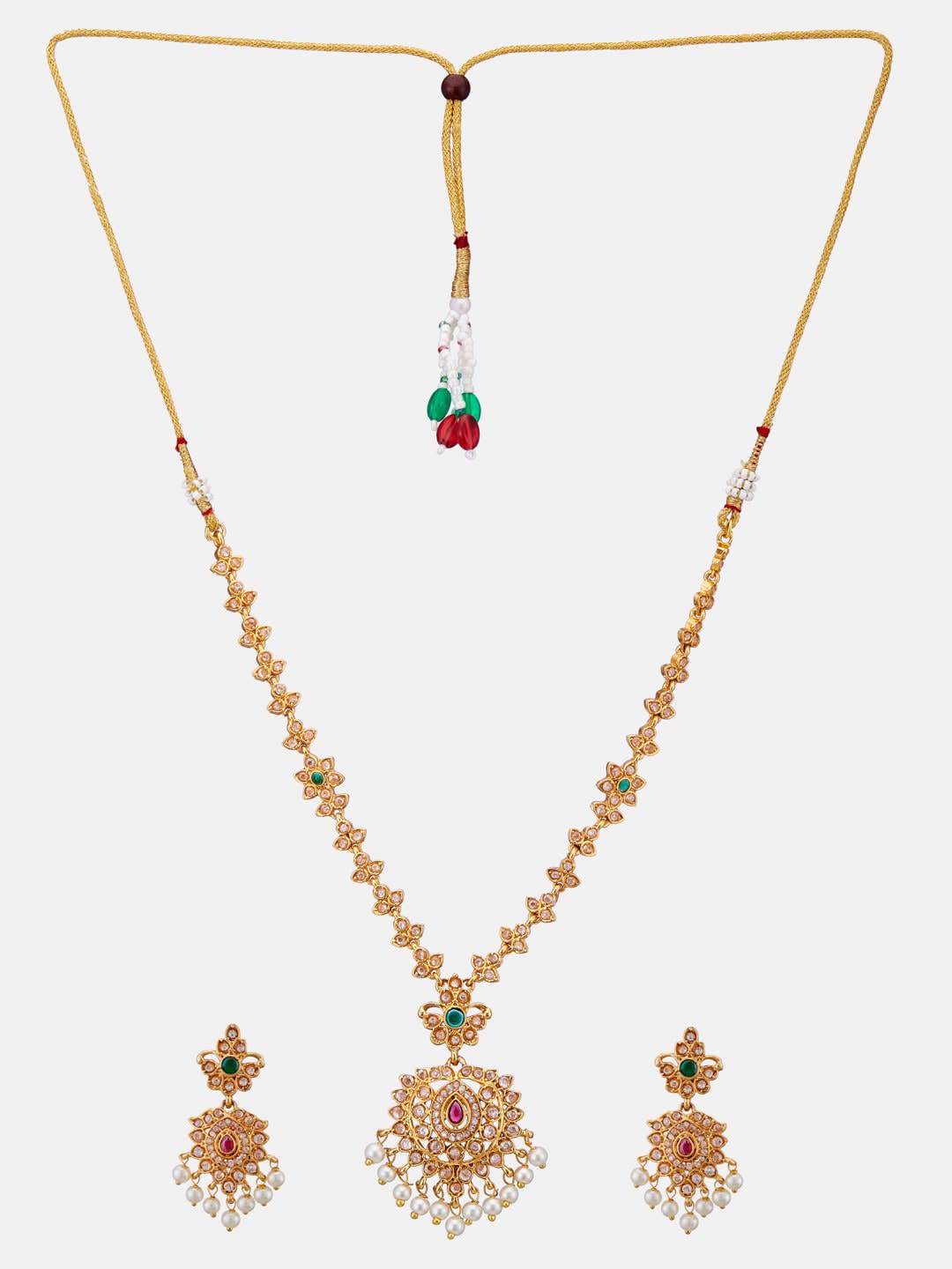 ATIBELLE Gold-Plated Stone-Studded & Beaded Necklace and Earrings