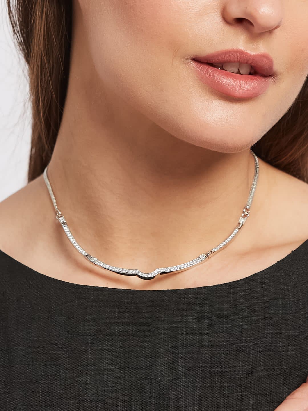 ATIBELLE Silver-Plated Cubic Zirconia Stone Studded Statement Necklace