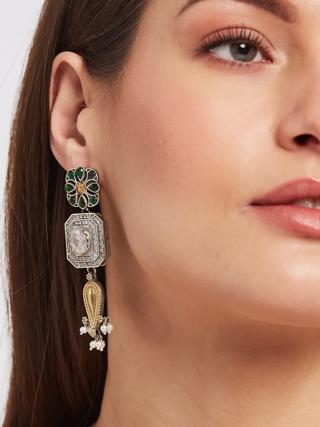 ATIBELLE Gold-Plated Cubic Zirconia Stone Studded Contemporary Shaped Drop Earrings