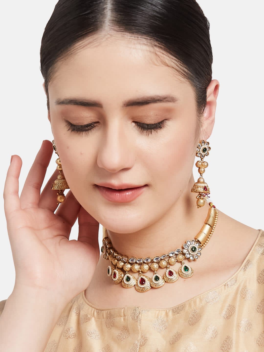 ATIBELLE Gold-Plated Kundan Studded & Beaded Jewellery Set