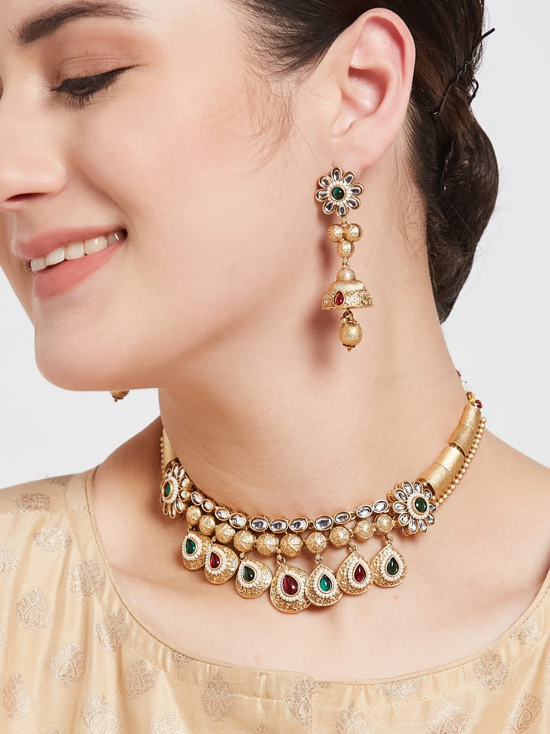 ATIBELLE Gold-Plated Kundan Studded & Beaded Jewellery Set