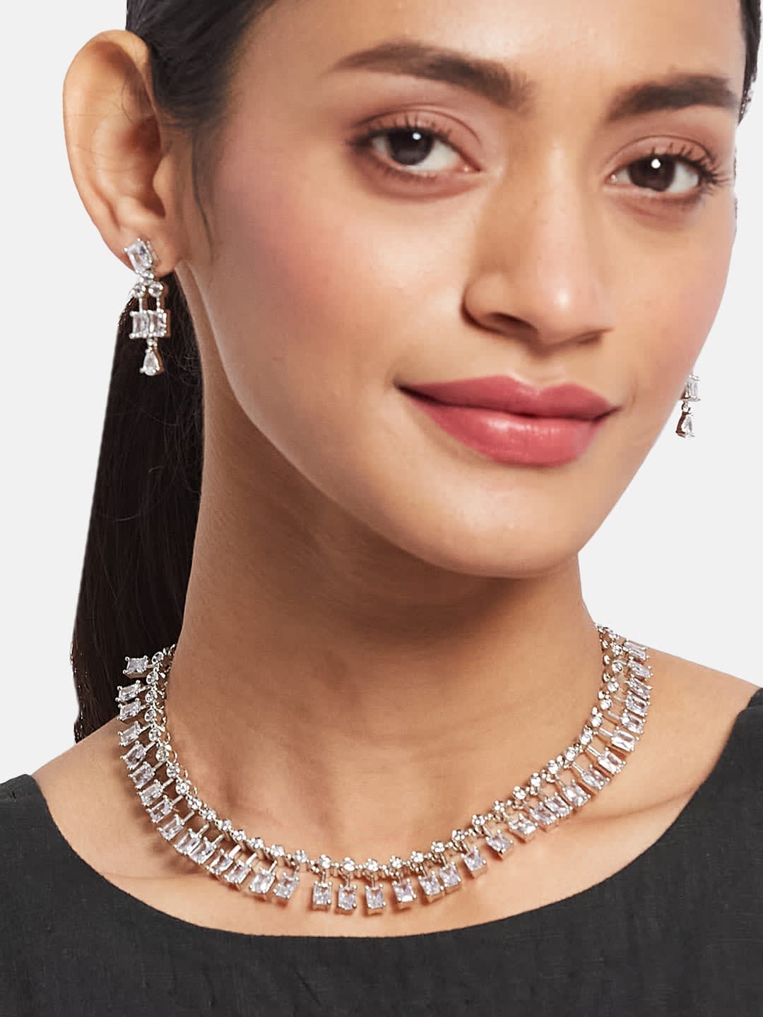 ATIBELLE Sliver Plated Cubic Zirconia Studded Jewellery Set
