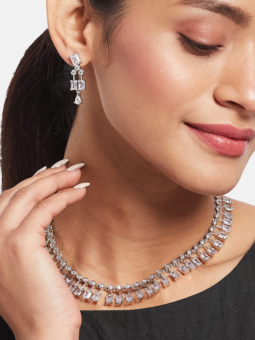 ATIBELLE Sliver Plated Cubic Zirconia Studded Jewellery Set