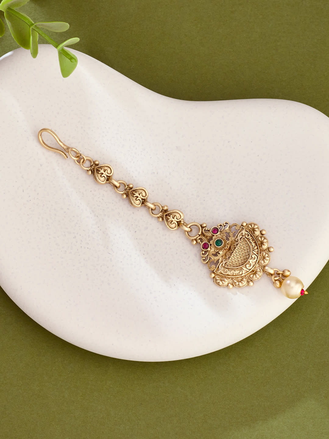 ATIBELLE Gold Plated Artificial Stones Studded And Beaded Floral Shaped Maang Tikka