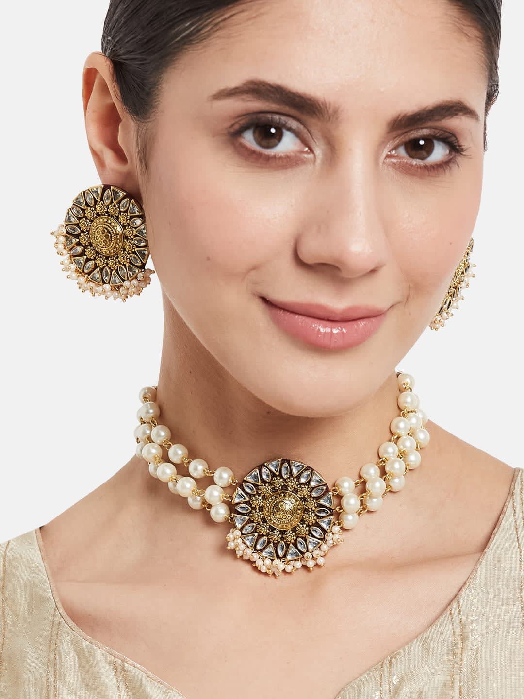ATIBELLE Gold-Plated Kundan-Studded & Beaded Jewellery Set
