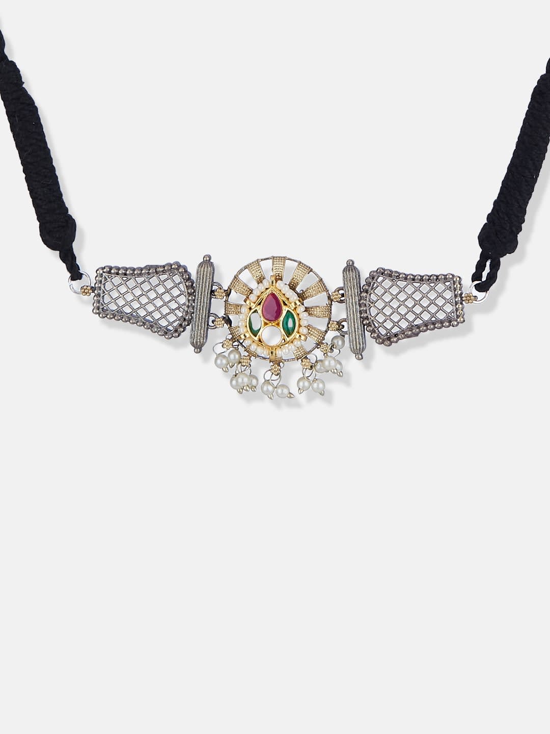 ATIBELLE Sliver Plated Stones Studded & Beaded Jewellery Set