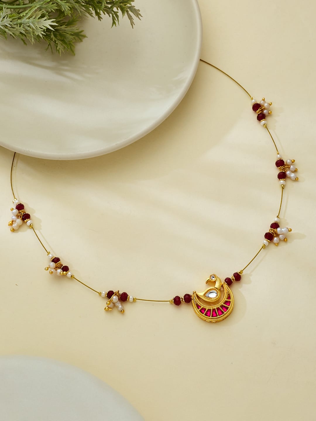 ATIBELLE Gold-Plated Artificial Stone Studded & Pearls Beaded Necklace