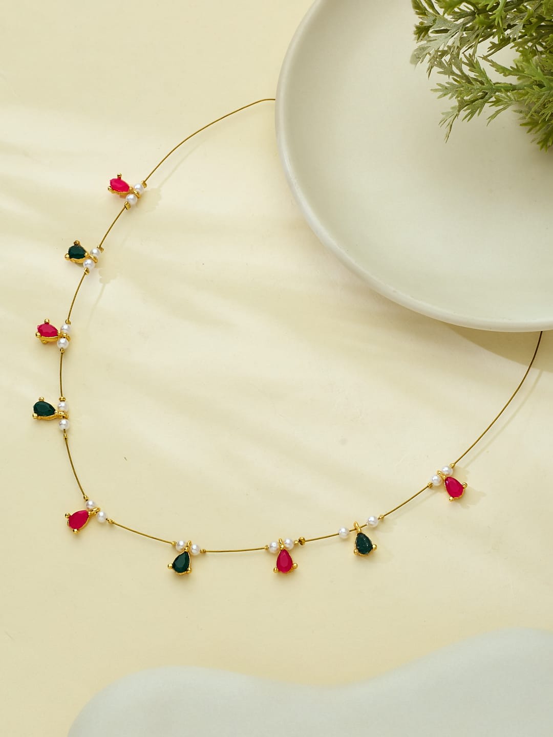 ATIBELLE Gold-Plated Artificial Stones Studded & Pearls Beaded Necklace