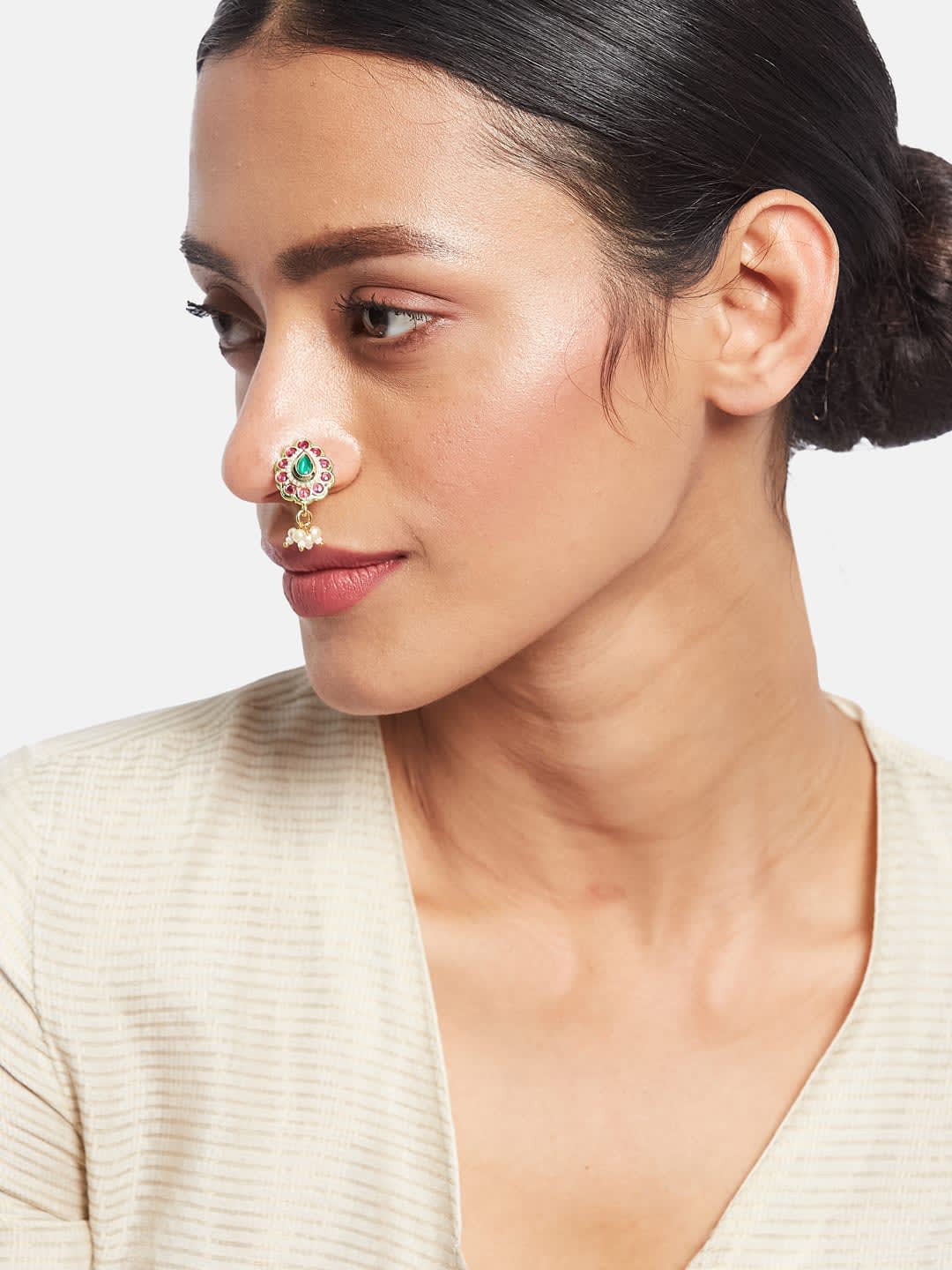 ATIBELLE Gold-Plated Artificial Stones and Beads Stud Nosepin