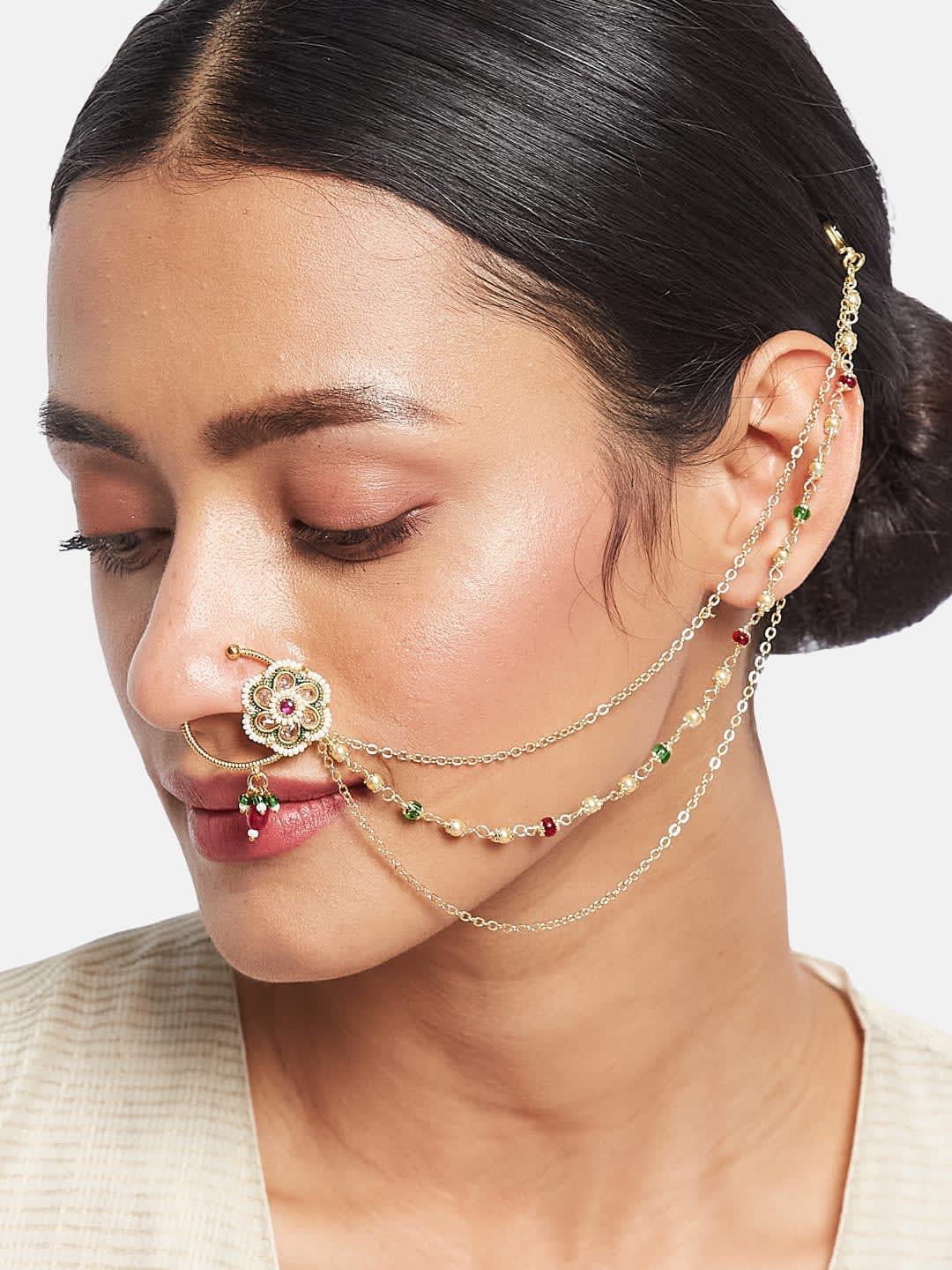 ATIBELLE Gold-Plated Artificial Stones and Beads Chained Nosepin