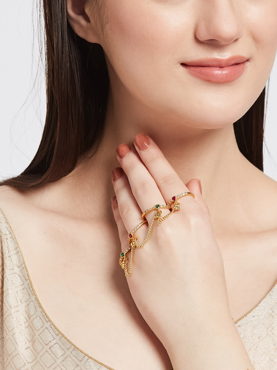 ATIBELLE Gold Plated Cubic Zirconia Studded Chain Link Ring
