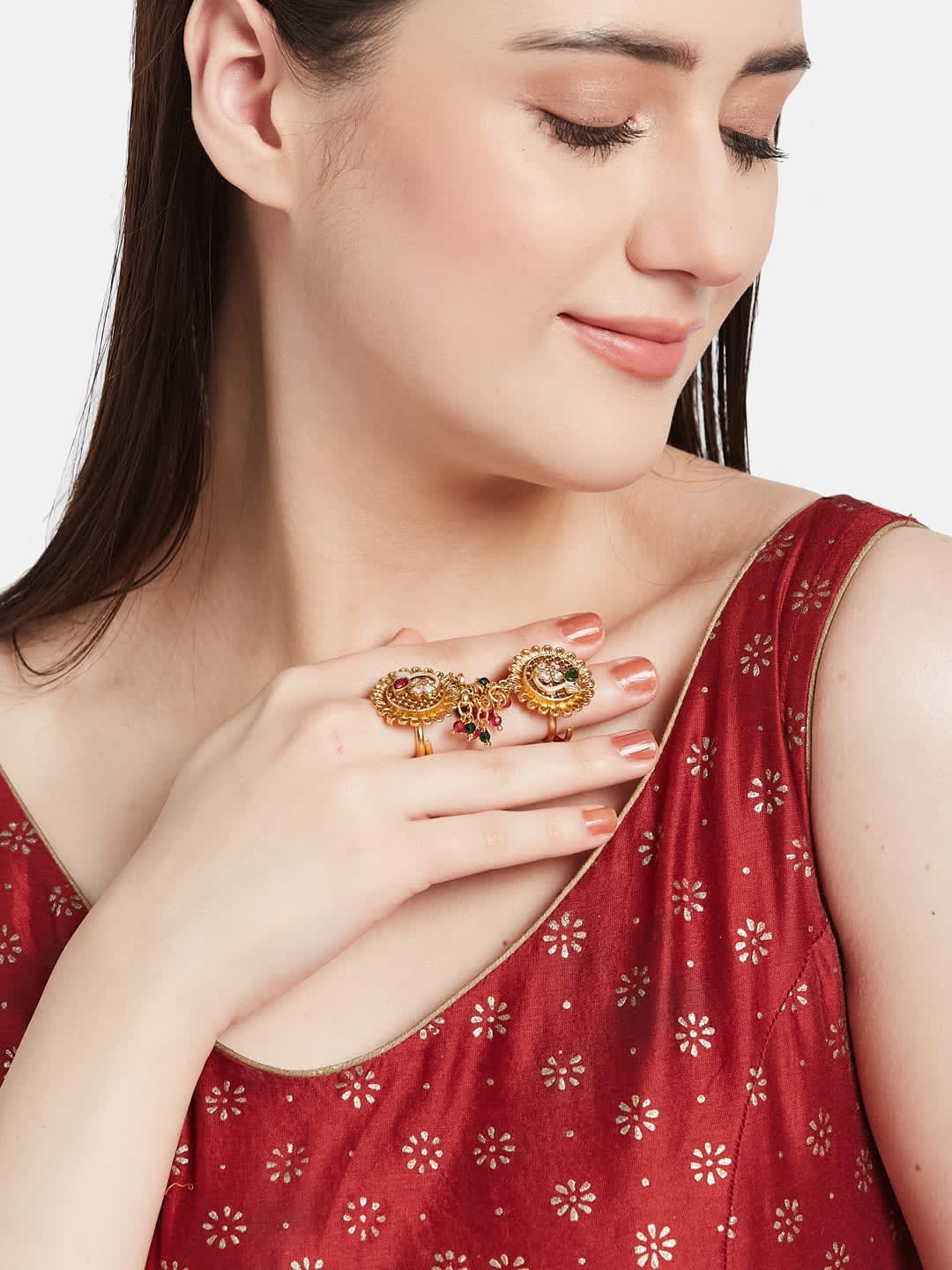 ATIBELLE Gold Plated Artificial Stones Studded And Beaded Finger Rings