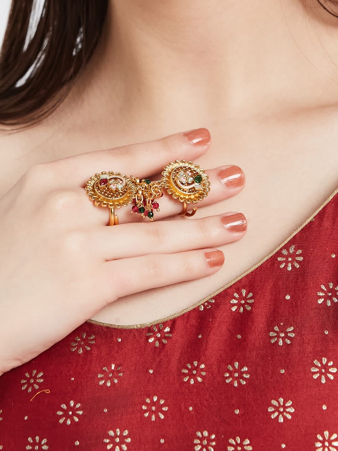ATIBELLE Gold Plated Artificial Stones Studded And Beaded Finger Rings