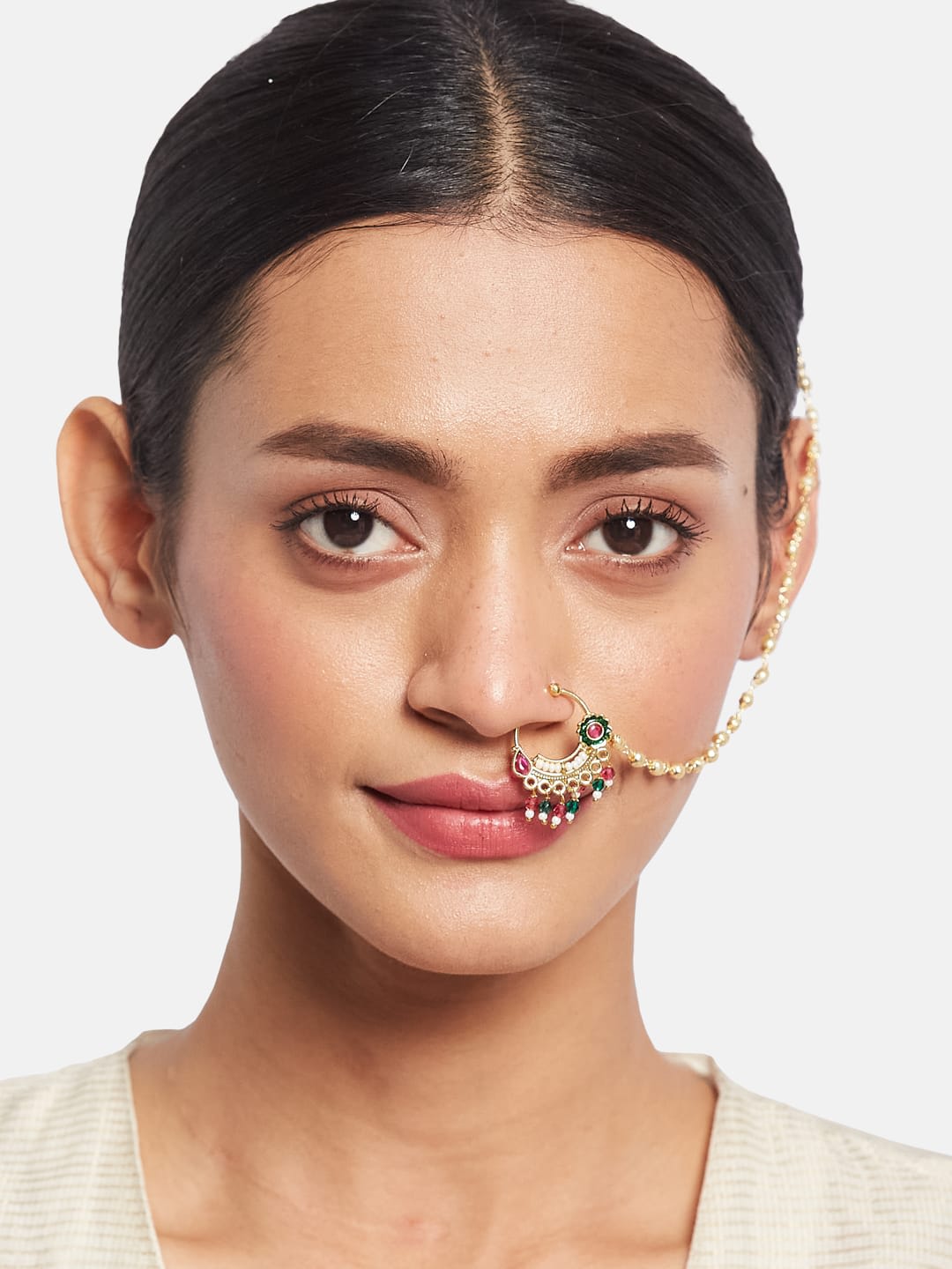 ATIBELLE Gold-Plated Artificial Stones and Beads Ring Nosepin