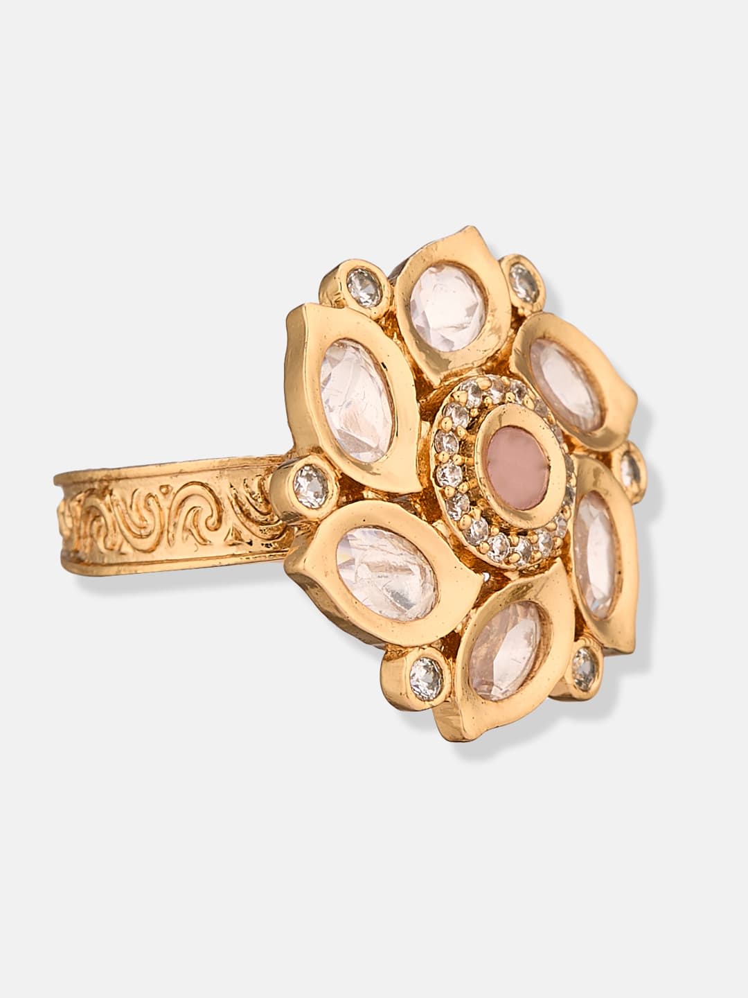 ATIBELLE Rose Gold Plated Polki Kundan Stone Studded Floral Finger Ring