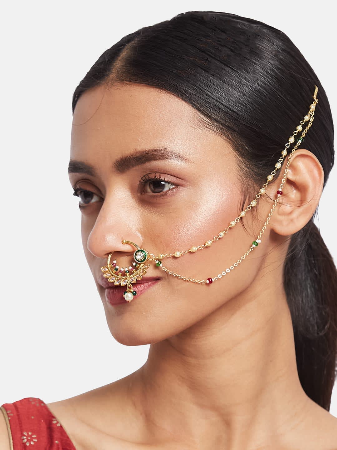 ATIBELLE Gold-Plated Artificial Stones and Beads Ring Nosepin